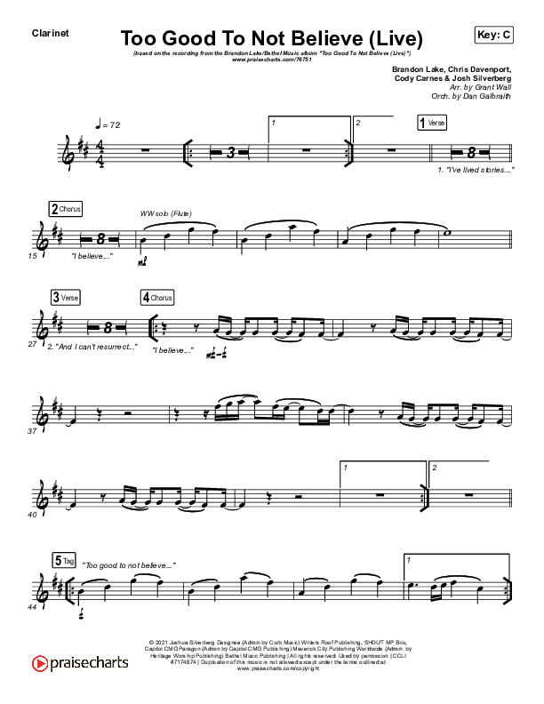 Too Good To Not Believe (Live) Clarinet (Bethel Music / Brandon Lake)