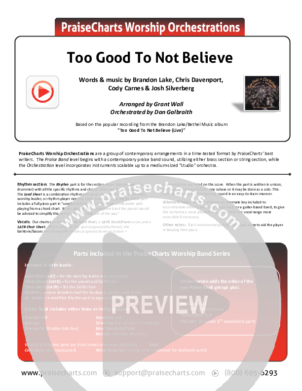 Too Good To Not Believe (Live) Cover Sheet (Bethel Music / Brandon Lake)