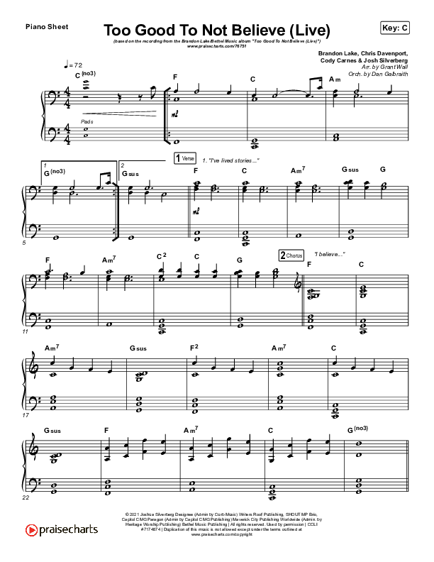Too Good To Not Believe (Live) Piano Sheet (Bethel Music / Brandon Lake)