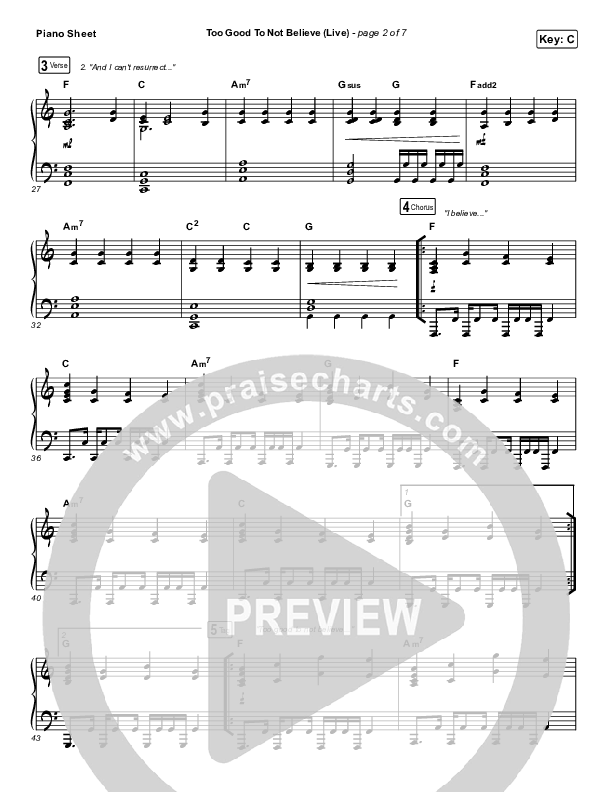 Too Good To Not Believe (Live) Piano Sheet (Bethel Music / Brandon Lake)