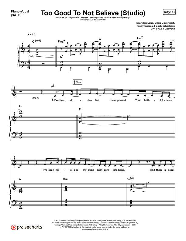 Too Good To Not Believe Live Sheet Music Pdf Bethel Music Brandon Lake Praisecharts