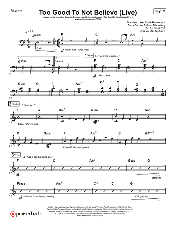 Too Good To Not Believe (Live) Rhythm Chart (Bethel Music / Brandon Lake)