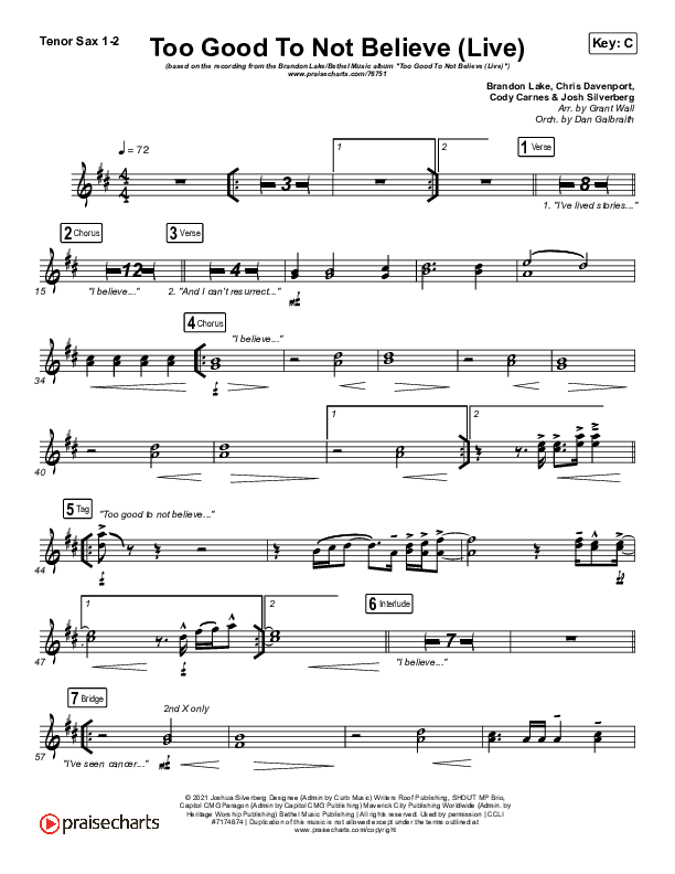 Too Good To Not Believe (Live) Tenor Sax 1/2 (Bethel Music / Brandon Lake)