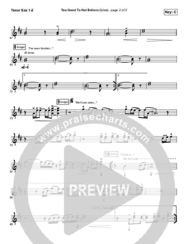 Too Good To Not Believe (Live) Tenor Sax 1/2 (Bethel Music / Brandon Lake)