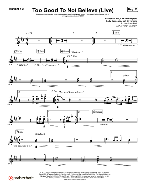 Too Good To Not Believe (Live) Trumpet 1,2 (Bethel Music / Brandon Lake)