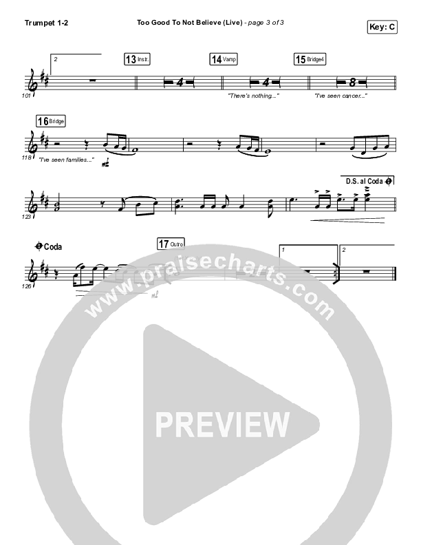 Too Good To Not Believe (Live) Trumpet 1,2 (Bethel Music / Brandon Lake)