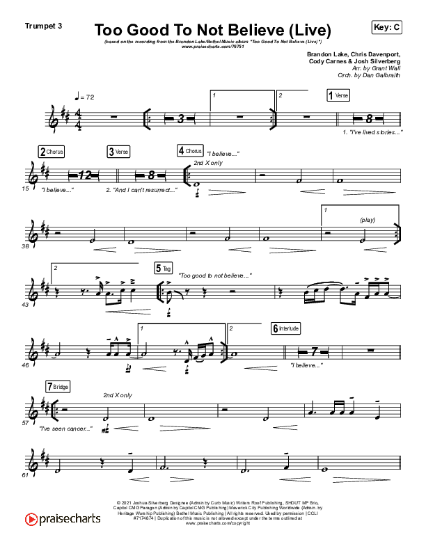 Too Good To Not Believe (Live) Trumpet 3 (Bethel Music / Brandon Lake)