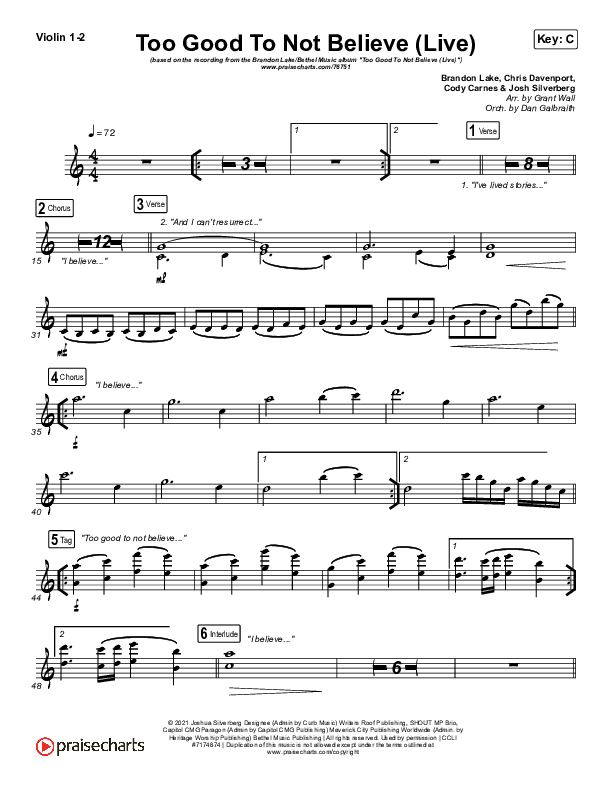 Too Good To Not Believe (Live) Violin 1/2 (Bethel Music / Brandon Lake)
