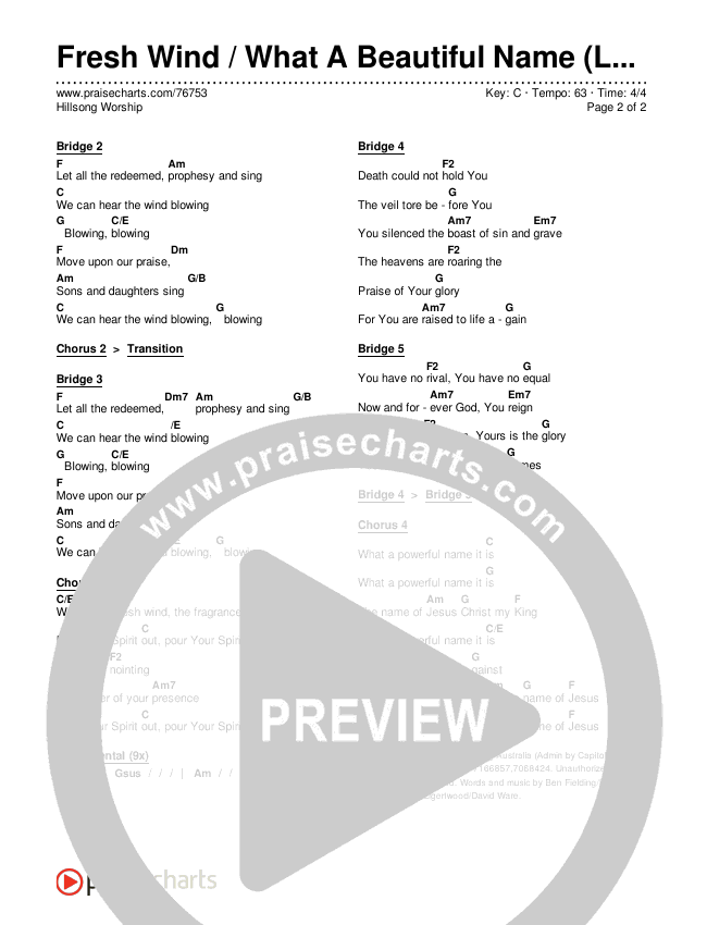 Fresh Wind / What A Beautiful Name (Live) Chords & Lyrics (Hillsong Worship)