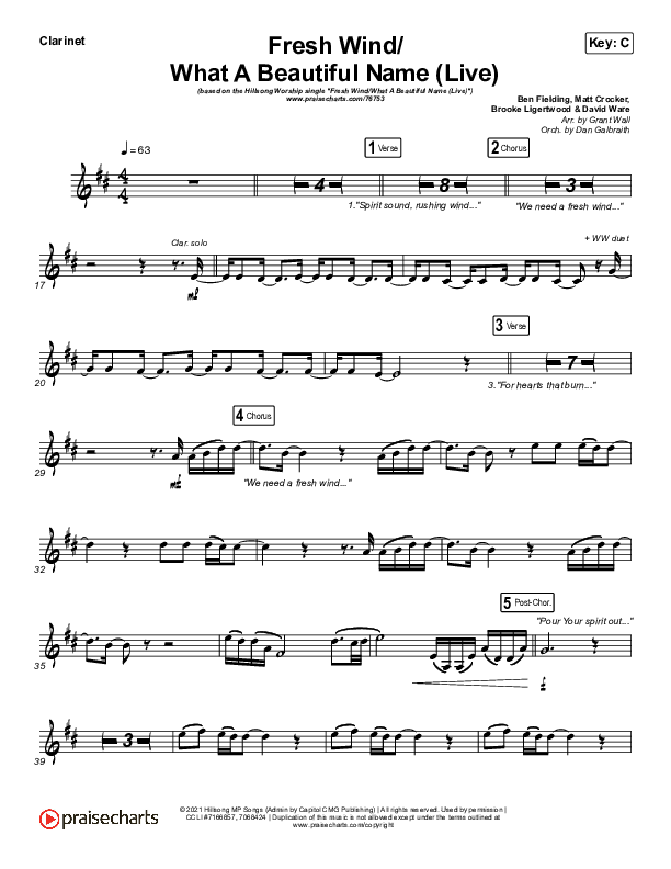 Fresh Wind / What A Beautiful Name (Live) Clarinet (Hillsong Worship)