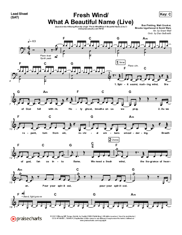 Fresh Wind / What A Beautiful Name (Live) Lead Sheet (SAT) (Hillsong Worship)