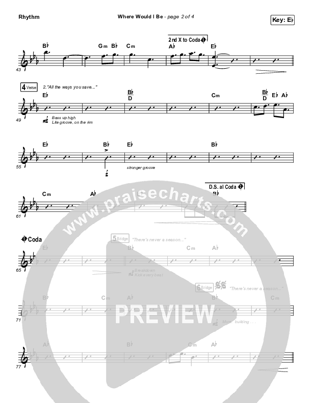 Where Would I Be (Live) Rhythm Chart (Print Only) (The Belonging Co / Hope Darst)
