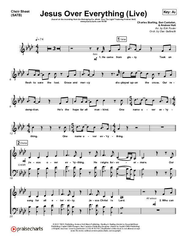 Jesus Over Everything (Live) Choir Sheet (SATB) (The Belonging Co / Andrew Holt)