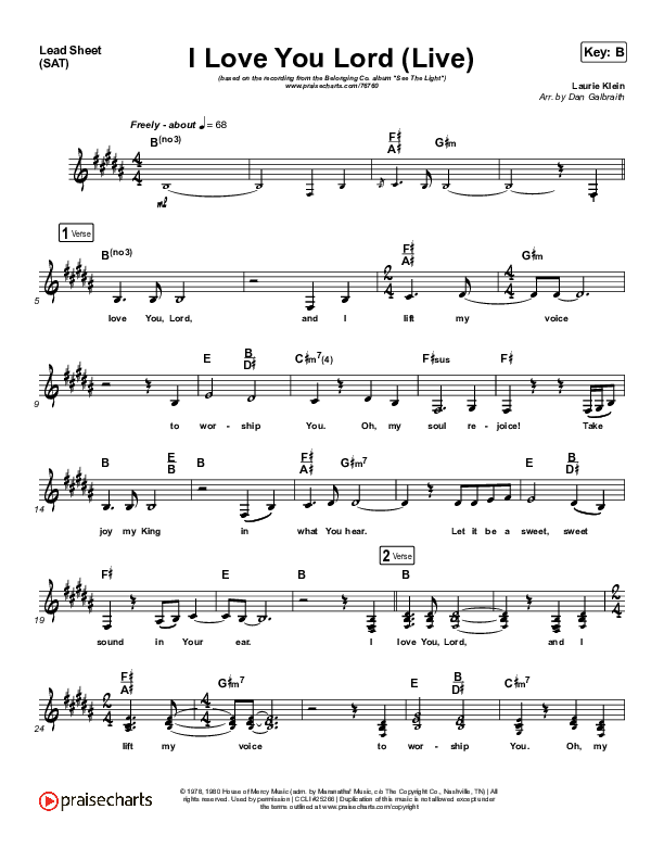 I Love You Lord (Live) Lead Sheet (SAT) (The Belonging Co / Ben Cantelon)