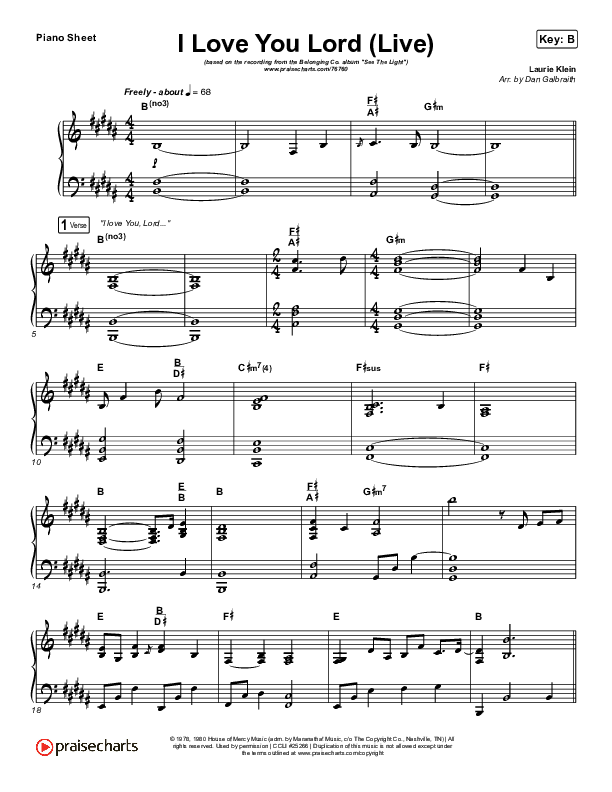 I Love You Lord (Live) Piano Sheet (The Belonging Co / Ben Cantelon)