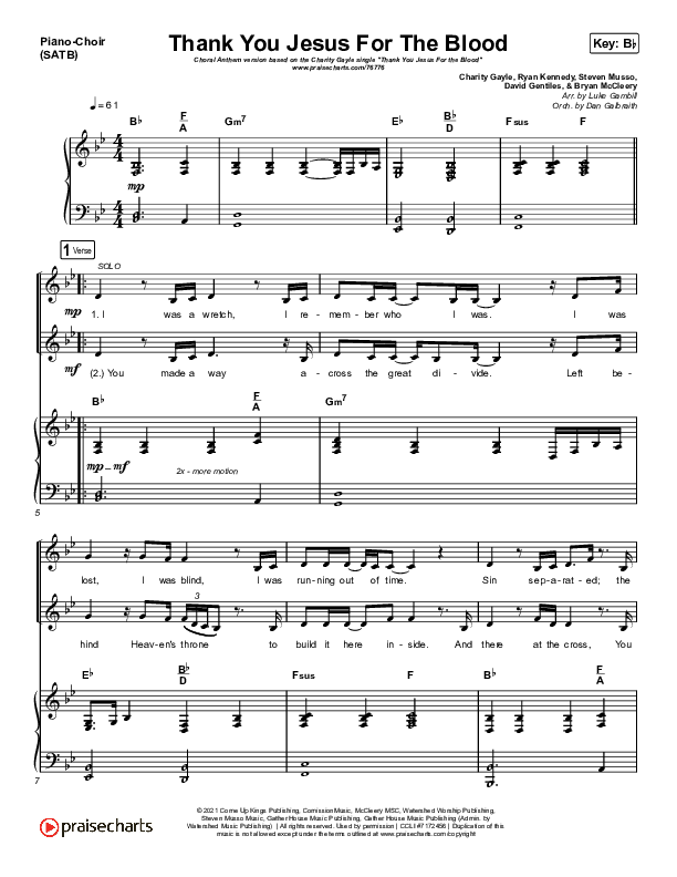 Thank You Jesus For The Blood (Choral Anthem SATB) Piano/Choir (SATB) (Charity Gayle / Arr. Luke Gambill)