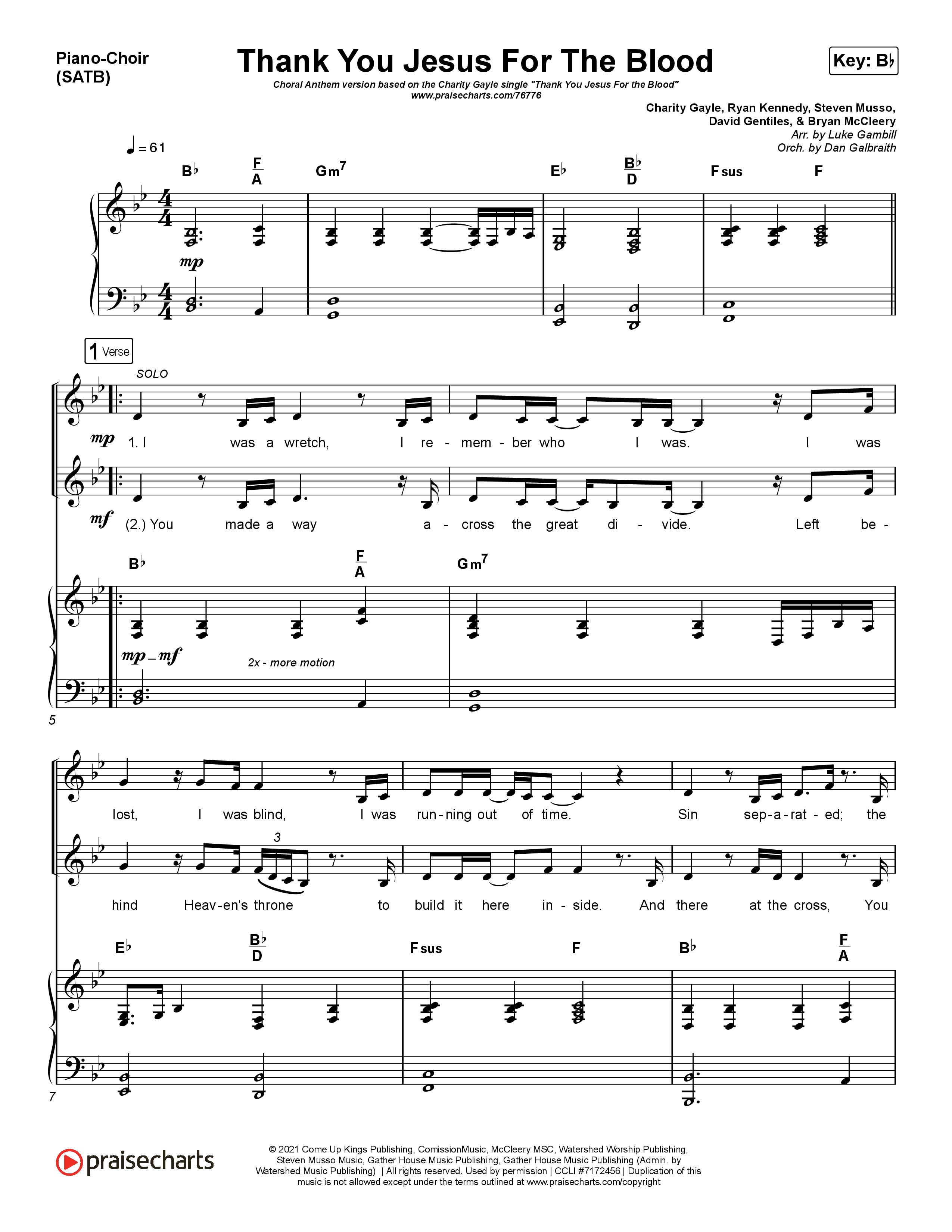 Thank You Jesus For The Blood (Choral Anthem SATB) Piano Sheet (Charity Gayle / Arr. Luke Gambill)