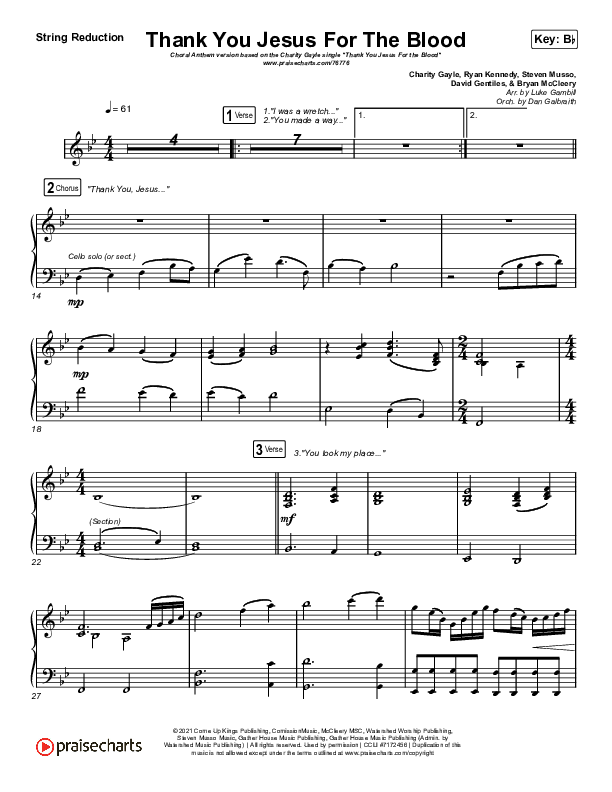 Thank You Jesus For The Blood (Choral Anthem SATB) String Reduction (Charity Gayle / Arr. Luke Gambill)