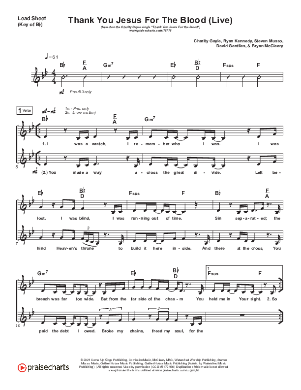 Thank You Jesus For The Blood (Choral Anthem SATB) Lead Sheet (Melody) (Charity Gayle / Arr. Luke Gambill)