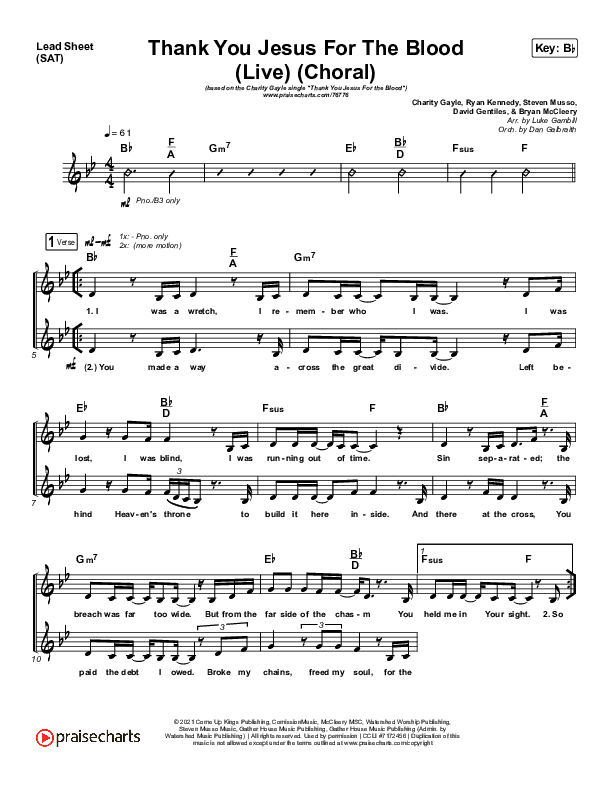 Thank You Jesus For The Blood (Choral Anthem) Lead Sheet (SAT) (PraiseCharts Choral / Charity Gayle / Arr. Luke Gambill)