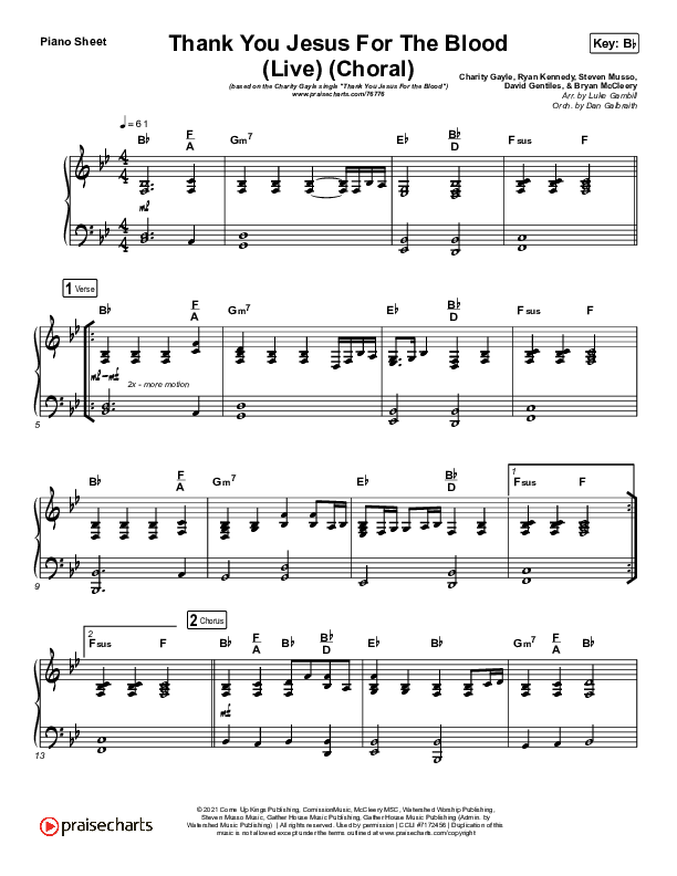 Thank You Jesus For The Blood (Choral Anthem SATB) Piano Sheet (Charity Gayle / Arr. Luke Gambill)
