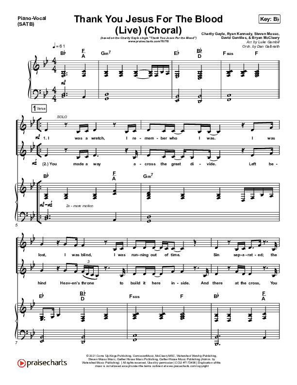 Thank You Jesus For The Blood (Choral Anthem SATB) Piano/Vocal (SATB) (Charity Gayle / Arr. Luke Gambill)