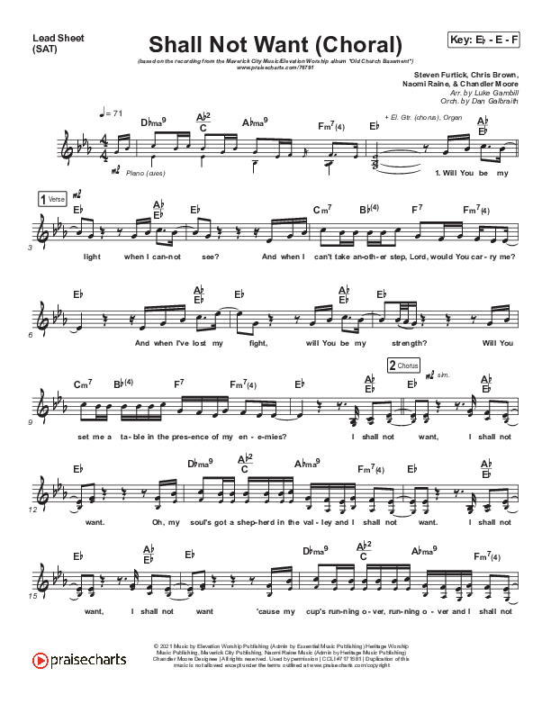 Shall Not Want (Choral Anthem SATB) Lead Sheet (SAT) (Maverick City Music / Elevation Worship / Arr. Luke Gambill)