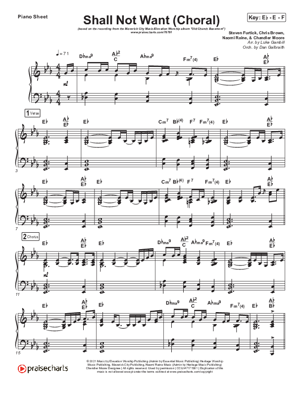 Shall Not Want (Choral Anthem SATB) Piano Sheet (Maverick City Music / Elevation Worship / Arr. Luke Gambill)