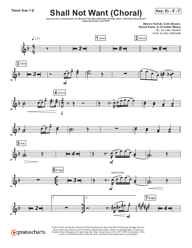Shall Not Want (Choral Anthem SATB) Tenor Sax 1/2 (Maverick City Music / Elevation Worship / Arr. Luke Gambill)