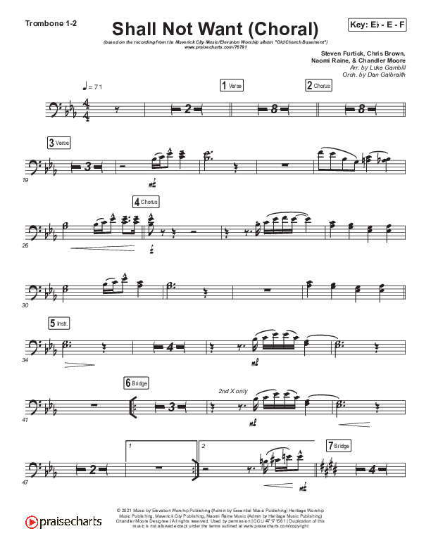 Shall Not Want (Choral Anthem SATB) Trombone 1/2 (Maverick City Music / Elevation Worship / Arr. Luke Gambill)