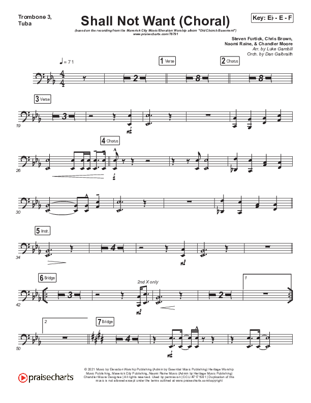 Shall Not Want (Choral Anthem SATB) Trombone 3/Tuba (Maverick City Music / Elevation Worship / Arr. Luke Gambill)