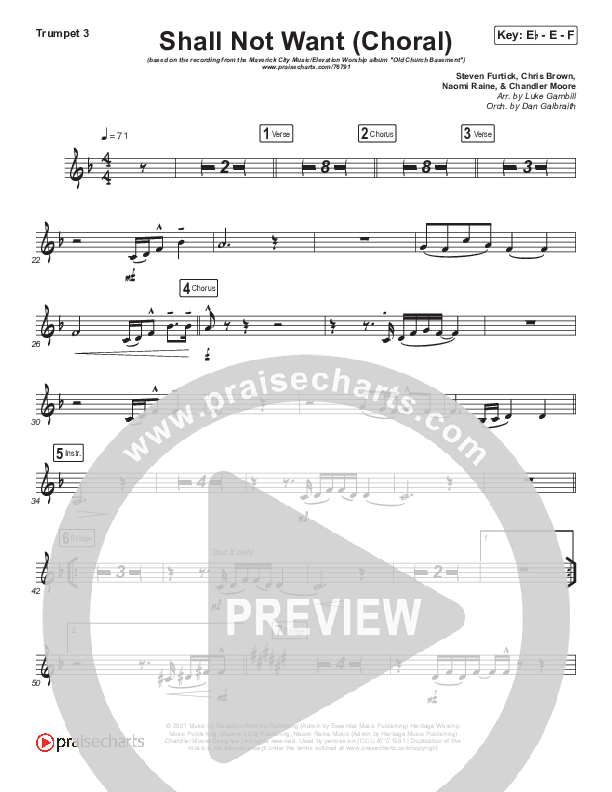 Shall Not Want (Choral Anthem SATB) Trumpet 3 (Maverick City Music / Elevation Worship / Arr. Luke Gambill)