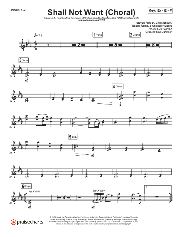 Shall Not Want (Choral Anthem SATB) Violin 1/2 (Maverick City Music / Elevation Worship / Arr. Luke Gambill)