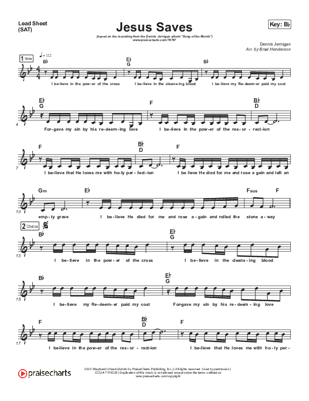 Jesus Saves Lead Sheet (SAT) (Dennis Jernigan)
