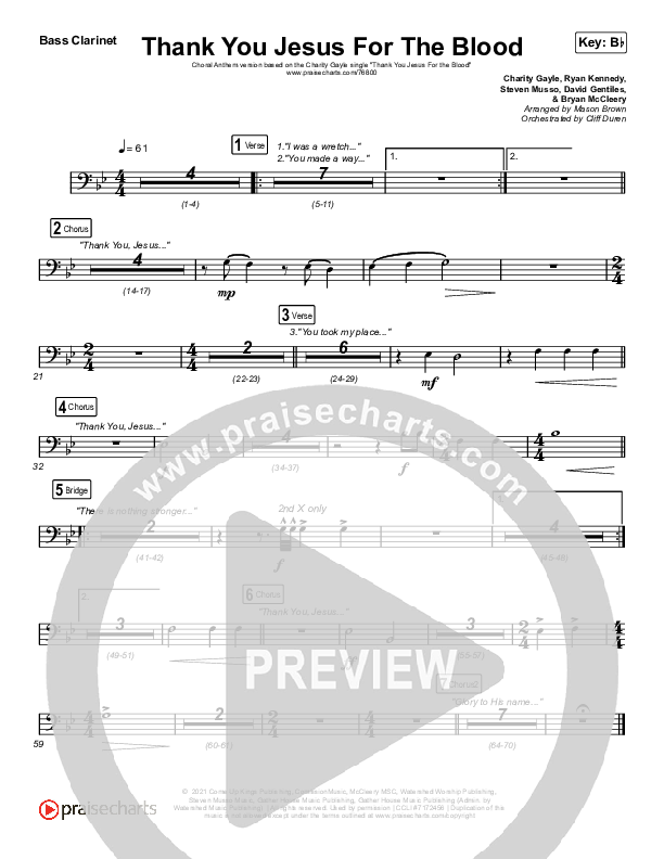 Thank You Jesus For The Blood (Choral Anthem SATB) Bass Clarinet (Charity Gayle / Arr. Cliff Duren / Mason Brown)