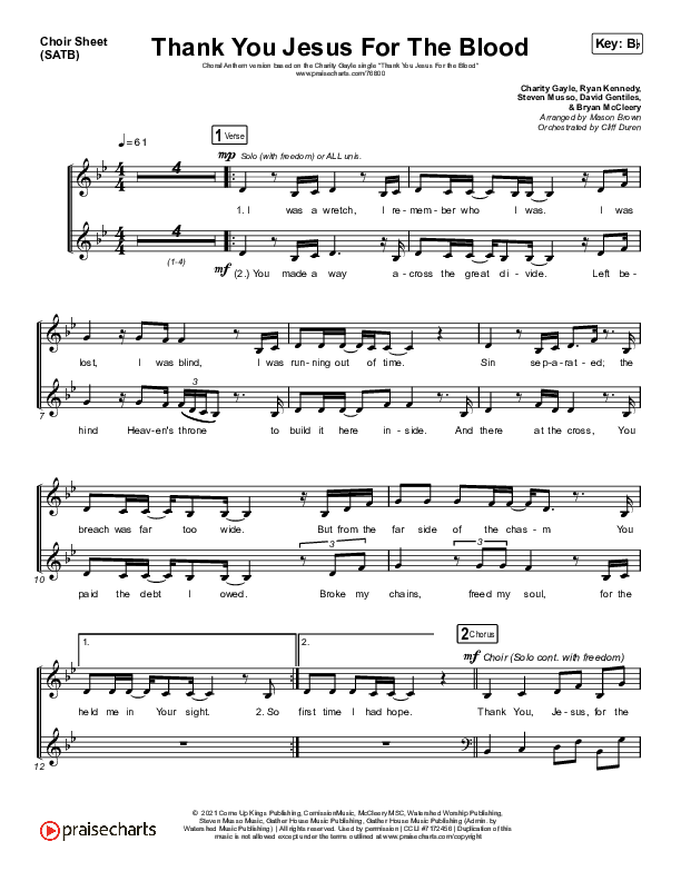 Thank You Jesus For The Blood (Choral Anthem SATB) Choir Sheet (SATB) (Charity Gayle / Arr. Cliff Duren / Mason Brown)