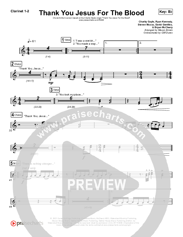 Thank You Jesus For The Blood (Choral Anthem SATB) Clarinet 1/2 (Charity Gayle / Arr. Cliff Duren / Mason Brown)