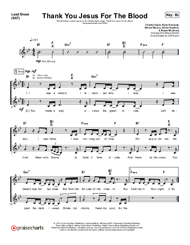 Thank You Jesus For The Blood (Choral Anthem SATB) Lead Sheet (SAT) (Charity Gayle / Arr. Cliff Duren / Mason Brown)