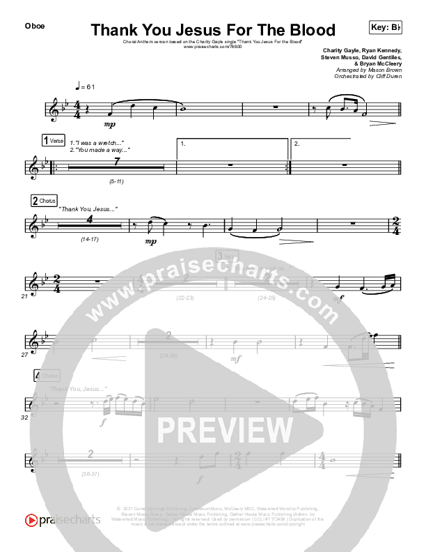 Thank You Jesus For The Blood (Choral Anthem SATB) Oboe (Charity Gayle / Arr. Cliff Duren / Mason Brown)