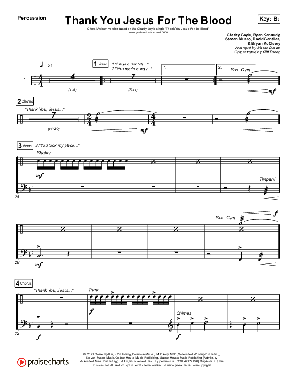 Thank You Jesus For The Blood (Choral Anthem SATB) Percussion (Charity Gayle / Arr. Cliff Duren / Mason Brown)