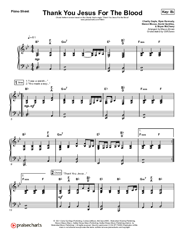 Thank You Jesus For The Blood (Choral Anthem SATB) Piano Sheet (Charity Gayle / Arr. Cliff Duren / Mason Brown)