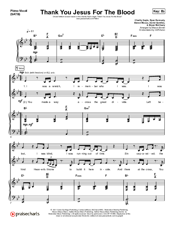 Thank You Jesus For The Blood (Choral Anthem SATB) Piano/Vocal Pack (Charity Gayle / Arr. Cliff Duren / Mason Brown)