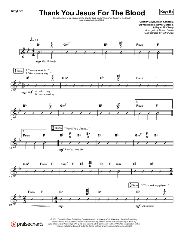 Thank You Jesus For The Blood (Choral Anthem SATB) Rhythm Chart (Charity Gayle / Arr. Cliff Duren / Mason Brown)