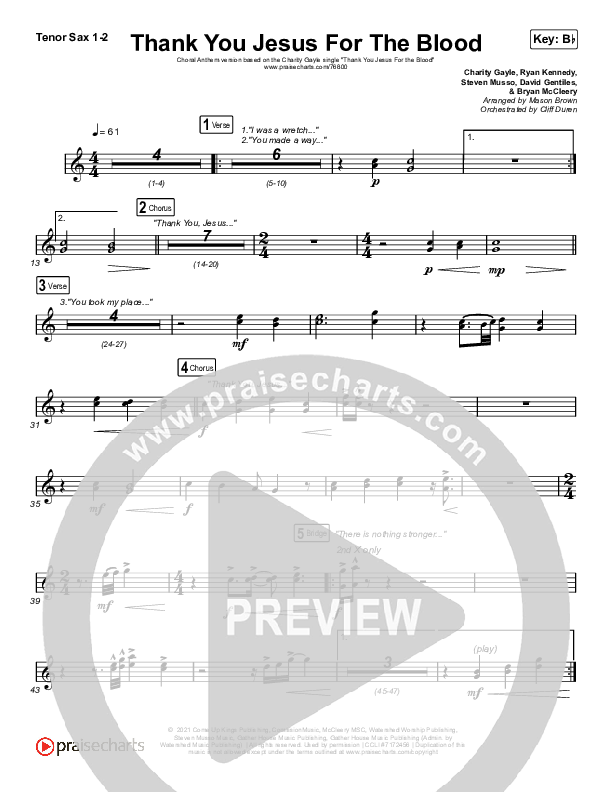 Thank You Jesus For The Blood (Choral Anthem SATB) Tenor Sax 1/2 (Charity Gayle / Arr. Cliff Duren / Mason Brown)
