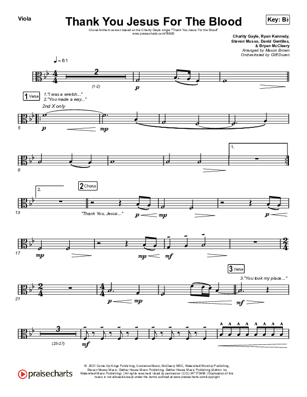 Thank You Jesus For The Blood (Choral Anthem SATB) Viola (Charity Gayle / Arr. Cliff Duren / Mason Brown)