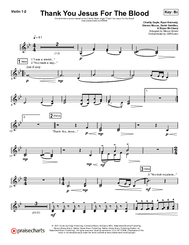 Thank You Jesus For The Blood (Choral Anthem SATB) Violin 1/2 (Charity Gayle / Arr. Cliff Duren / Mason Brown)