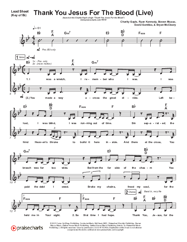 Thank You Jesus For The Blood (Choral Anthem SATB) Lead Sheet (Melody) (Charity Gayle / Arr. Cliff Duren / Mason Brown)