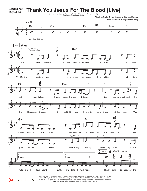 Thank You Jesus For The Blood (Choral Anthem SATB) Lead Sheet (Melody) (Charity Gayle / Arr. Cliff Duren / Mason Brown)