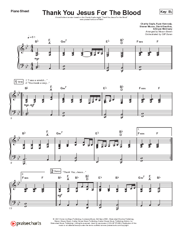 Thank You Jesus For The Blood (Choral Anthem) Piano Sheet (Charity Gayle / Arr. Cliff Duren / Mason Brown)