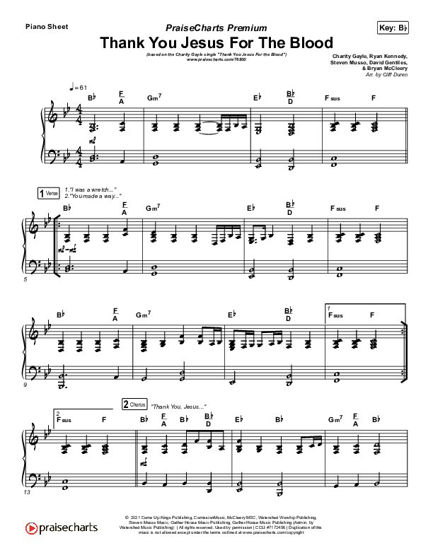 Thank You Jesus For The Blood (Premium) Piano Sheet (Charity Gayle / Arr. Cliff Duren)